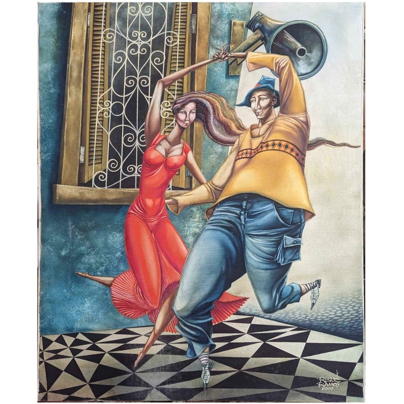 Rene Ramos Bailando Con La Noticia 39×32 Oil Canvas Original Cuban Art Painting
