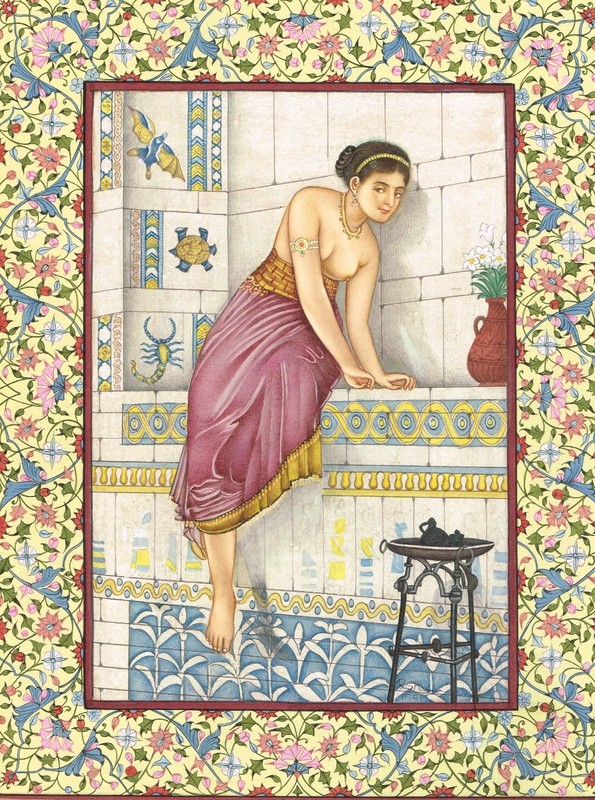 Beautiful Lady Painting Of Nude Woman Painting With Floral Border On Paper 9x12 gallery