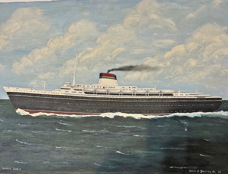 VINTAGE 1961 NAUTICAL PAINTING LUXURY CRUISE SHIP SS ANDREA DORIA CANVAS BOARD