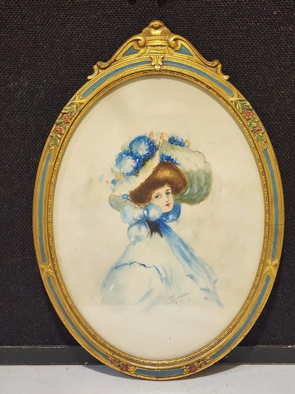 FINE EDWARDIAN ANTIQUE 1906 WATERCOLOR OF A LADY IN BLUE HAT PERIOD FRAME SIGNED
