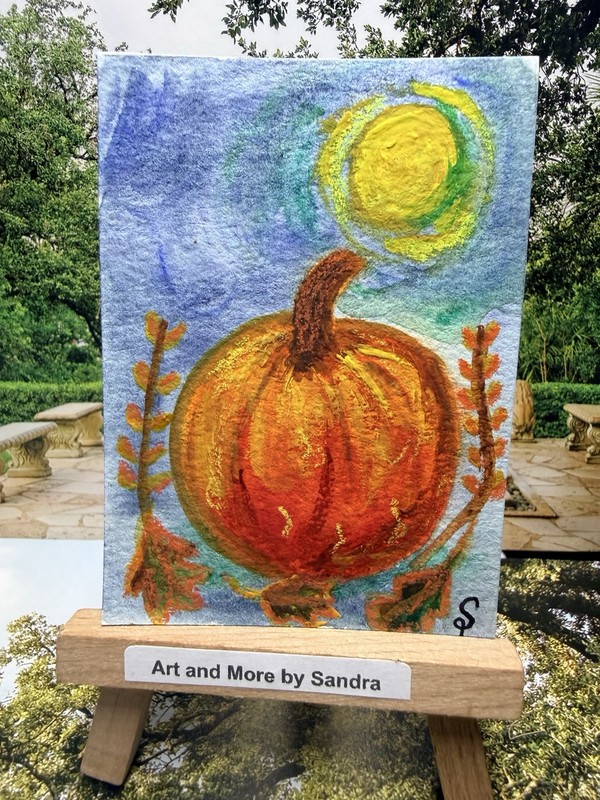 ACEO original Pumpkin Moon Autumn Painting Signed Sandra Unframed