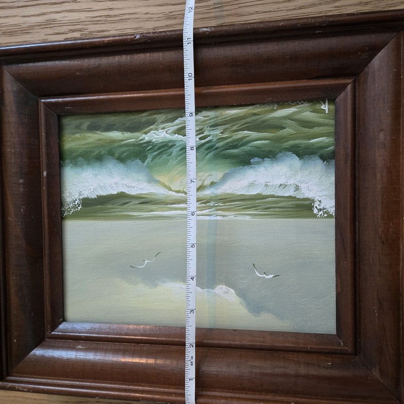 Vintage mid-century seascape oil painting, signed by artist Waves Seagulls 13in gallery