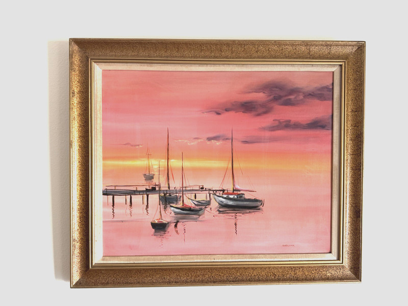 Vintage Original Oil Painting Sailboats at Sunset Marina Seascape Framed