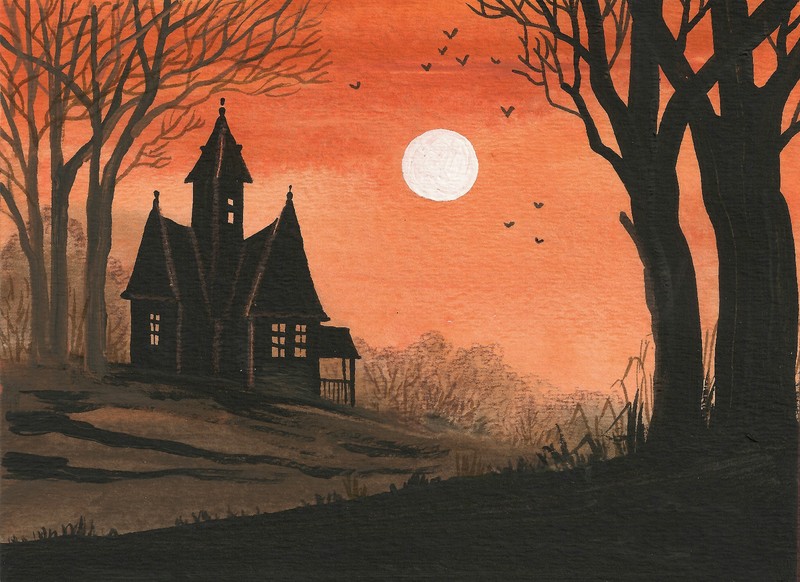 8×10 PRINT OF PAINTING HALLOWEEN FOLK ART RYTA HAUNTED HOUSE Farm Landscape 🎃