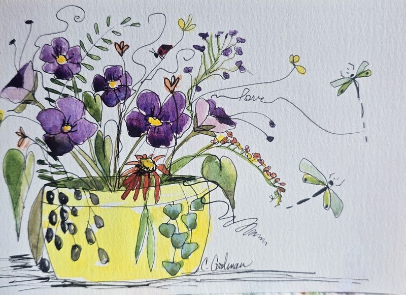 Original Signed Watercolor Painting. Floral. Line and Wash. Orchids. Gift