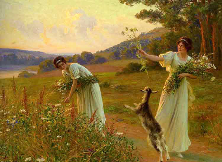 Oil painting leopold franz kowalski – a summer evening young girls with goat art