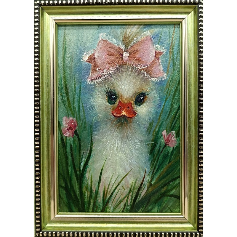Duckling Original Oil Painting 4×6 Framed Signed Cute Baby Duck Pink Bow Art