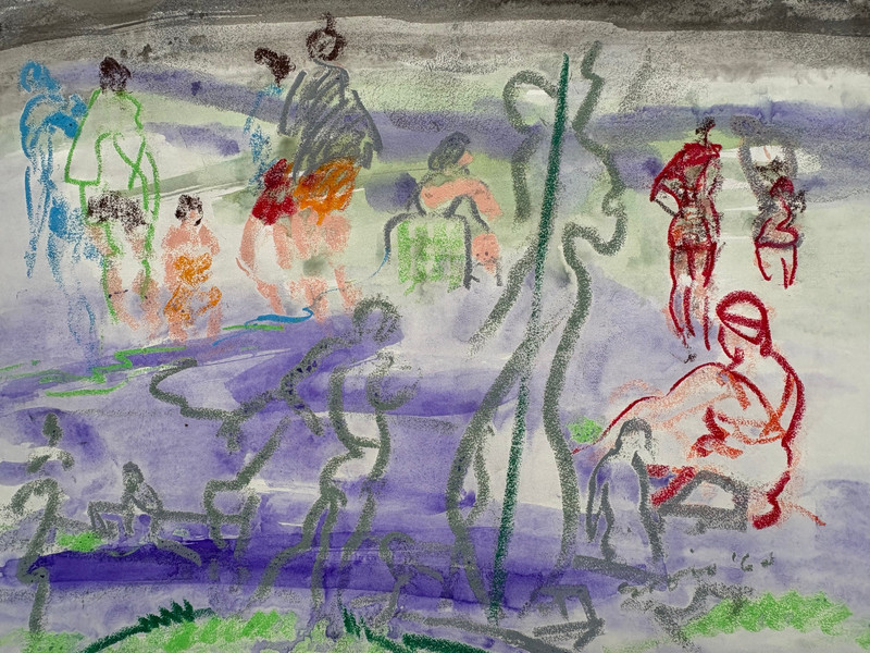 Beach Bathers Modernist Semi-Abstract Mixed Media Painting-1966-Armando Sozio gallery