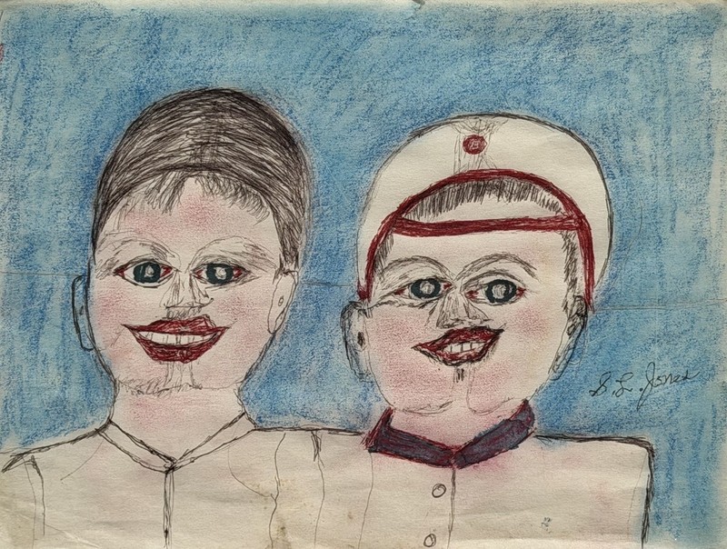 Virginia Outsider Artist Shields Landon Jones Folk Art Painting. 2 Figures. 1992 gallery