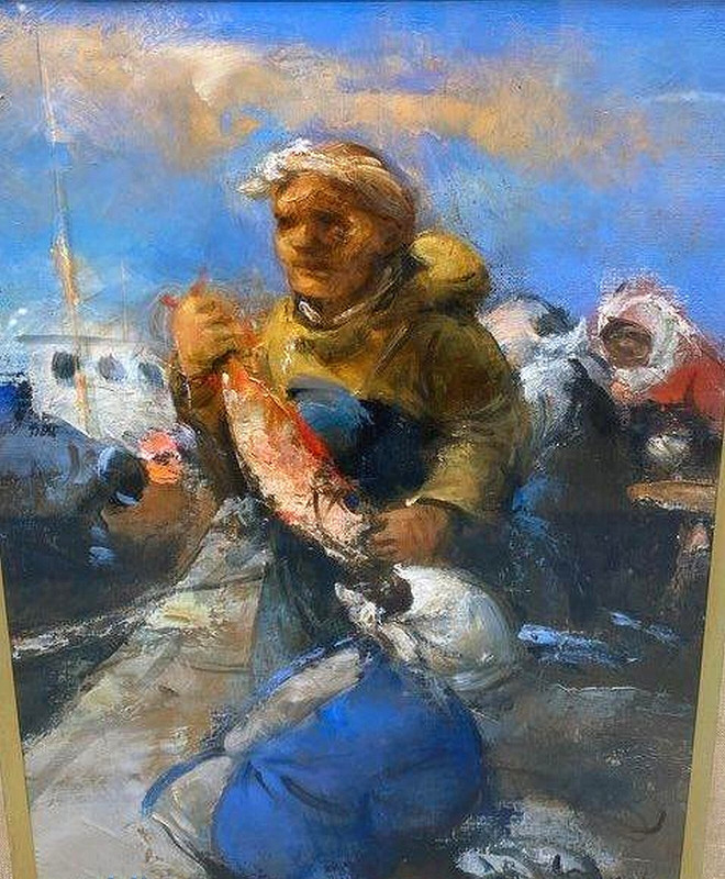 KAZUO KUDO – OIL ON CANVAS PAINTING – FISHING REDFISH & FISHERMAN – JAPAN