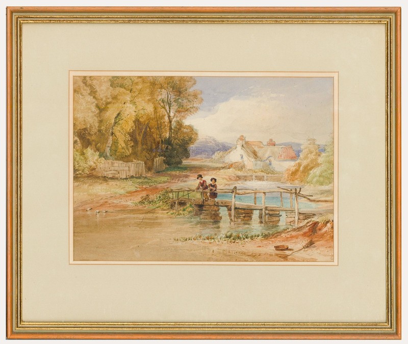 Framed Mid 19th Century Watercolour – Couple on the Bridge