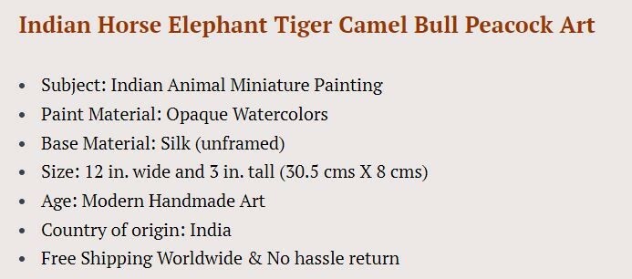 Indian Miniature Painting Handmade Horse Elephant Tiger Camel Bull Peacock Art gallery