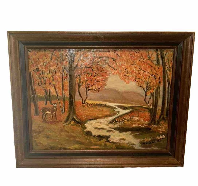 VTG ‘47 Signed Mary Walker Deer Stream Fall Landscape Canvas 15.25”T 19.25”W