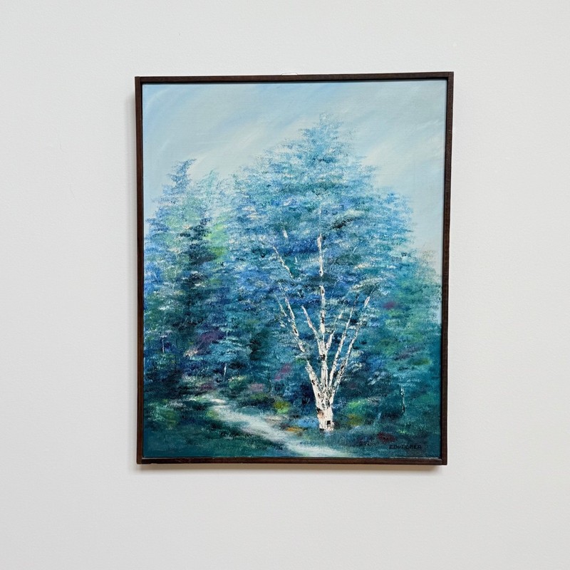 Vintage Signed E. Dutcher Birch Tree Landscape Oil Painting Framed Canvas