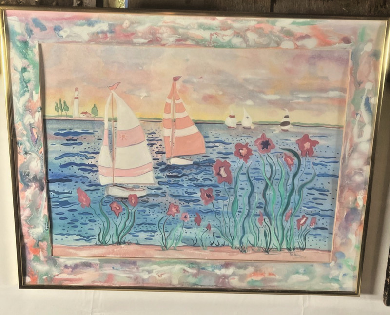 Vintage Watercolor Painting Sail Boat Signed D. Bauer 1994 Afternoon Sail Light