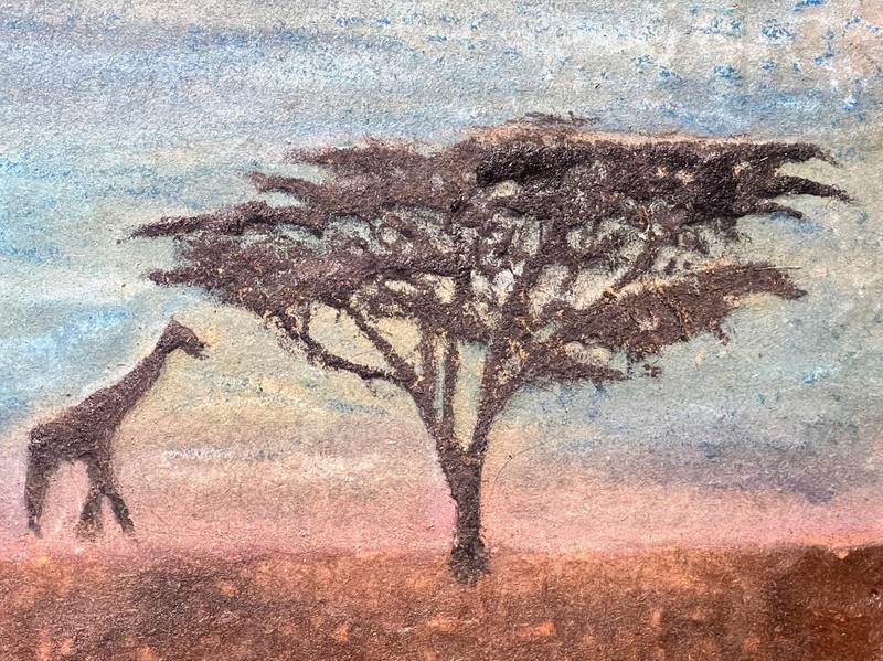 Vintage MDF Wood Panel Carving African Landscape Painting Giraffe Africa Art gallery