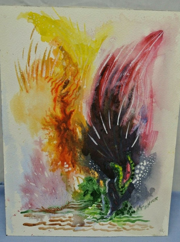 WATERCOLOR ART KRONICK BUTTERFLY RED ORANGE YELLOW