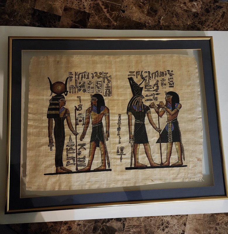 King Tut & Cleopatra, Egyptian Papyrus Paper Painting, Brass Framed – Pre-Owned