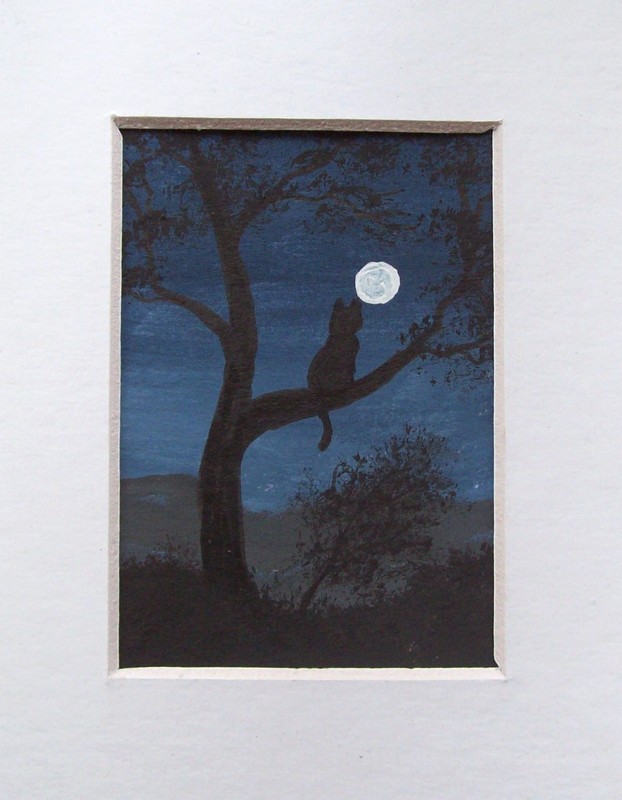 ACEO ORIGINAL HAND PAINTED SIGNED # CAT IN TREE # LANDSCAPE PAINTING