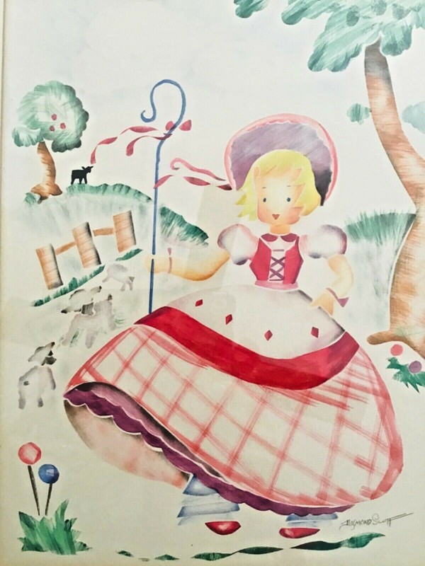 VTG. WATERCOLOR NURSERY RHYME LITTLE BO PEEP FRAMED SIGNED DESMOND SCOTT