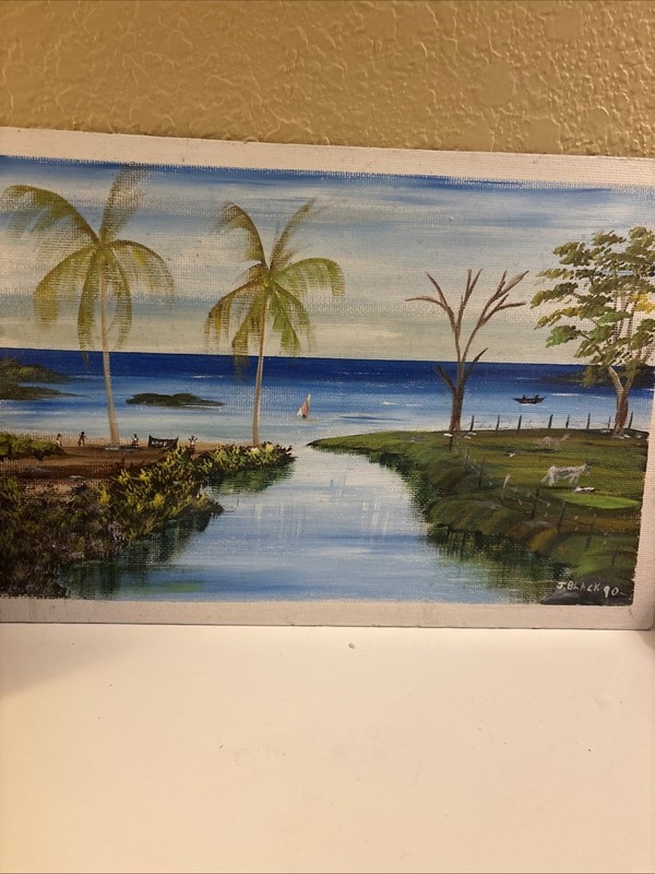 Original Painting Hawaiian Tropical Beach Boat Sea Coastal On Board 16” (ofc