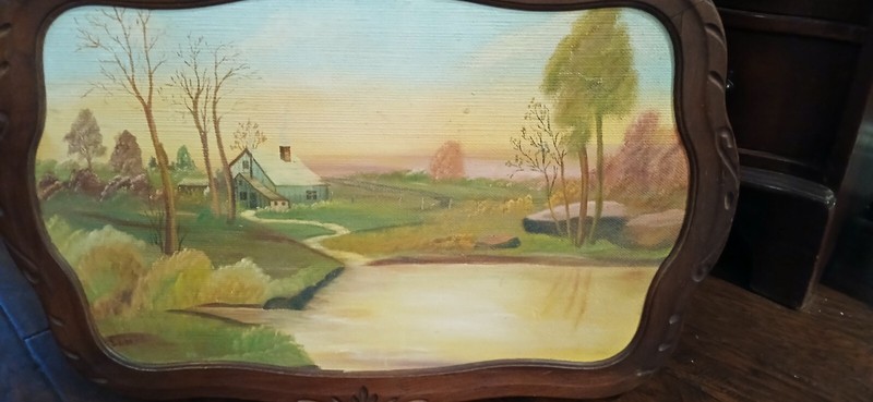 Antique Framed Country Homestead Painting On Wood Board - Stunning Wood Frame gallery