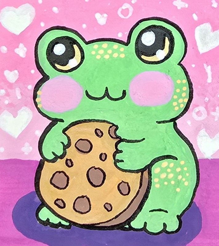 ACEO Original Frog With Cookie, Mini Art, Kawaii, Cute, 2.5 x 3.5 inches