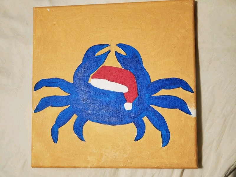 Super Rare Find Blue Crab Christmas Santa Hat Hand Painted Art Canvas 10×10 Wood