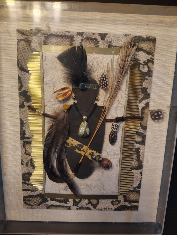 Signed Joanne Casey Mixed Media Wall Art Native Inspired Tiger Eye Feather Snake