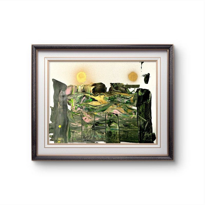 ORIGINAL GOLD SPRAY PAINT ART 9X12 GREEN BLACK ABSTRACT LANDSCAPE WALL ART