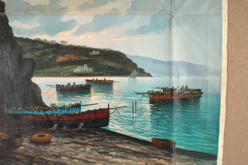 Antique Seascape With Boats And Mountains Scene Oil Painting Singed G. Levre gallery