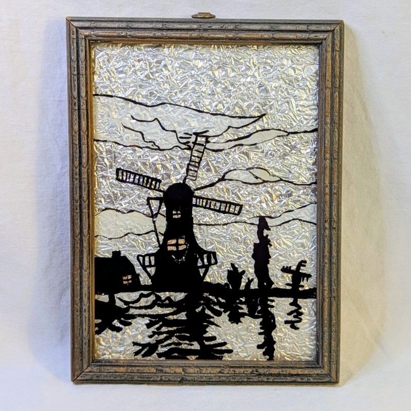 Vtg Art Deco Tinsel Art Reverse Foil Painting Dutch Windmill Scene Shimmering