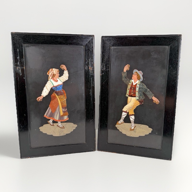 Pair Italian 1880s Pietra Dura Hard Stone Marquetry Paintings Man & Woman Dancer