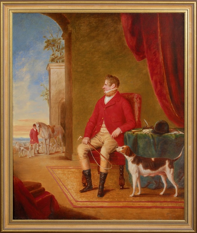 19th Century English Gentleman Portrait With Favourite Hound After The Fox Hunt