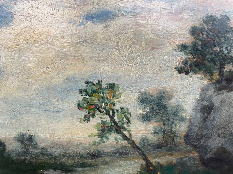 19th Century - Barbizon School Antique Oil Painting - RIVER LANDSCAPE gallery