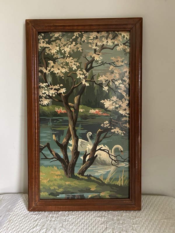 Vintage Paint By Number Of Swans On A Lake With Dogwood Trees