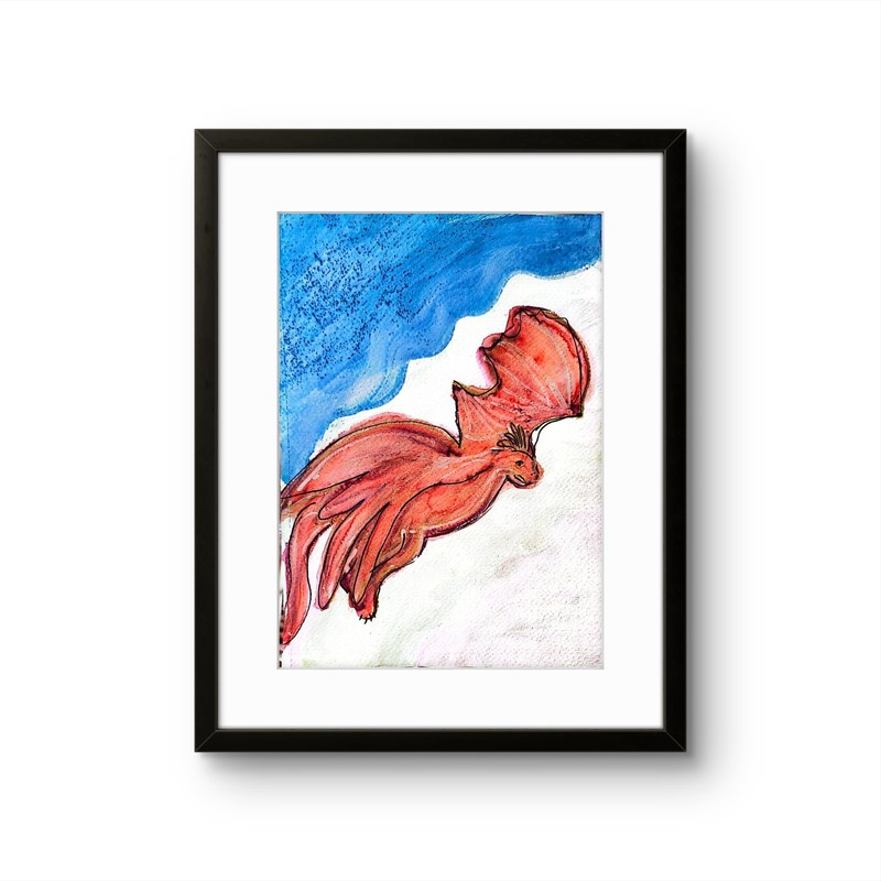 Red Winged Dragon Contemporary Expressionist Original 7x10 Watercolor Painting. gallery