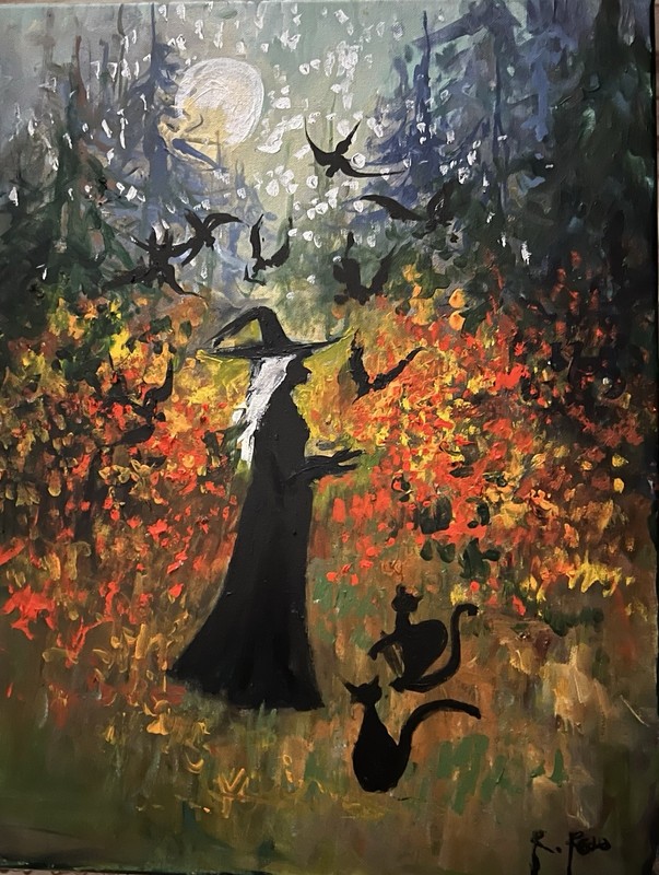 Halloween 16″ x 20″ Orig Oil Painting On Canvas R. Reno Witch Black Cats Moon