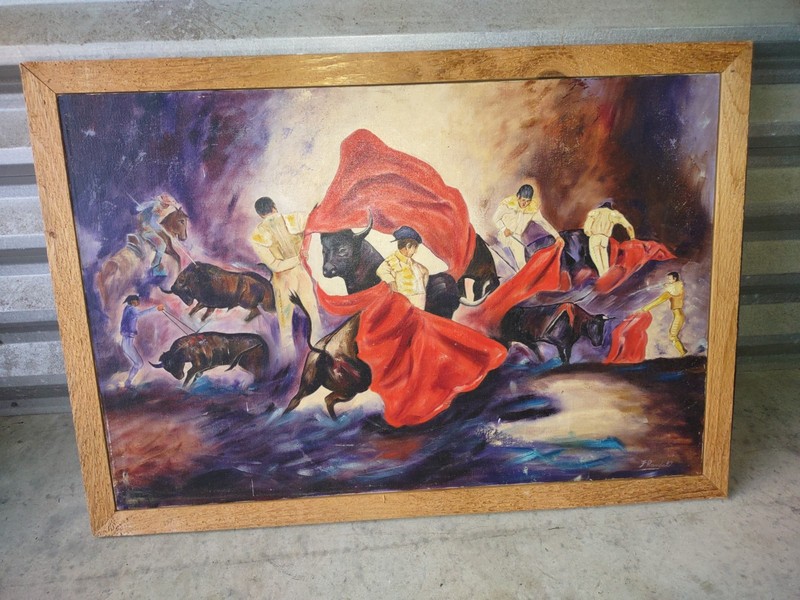 bullfighting Scene Painting F. Randall Signed 36 X 24"