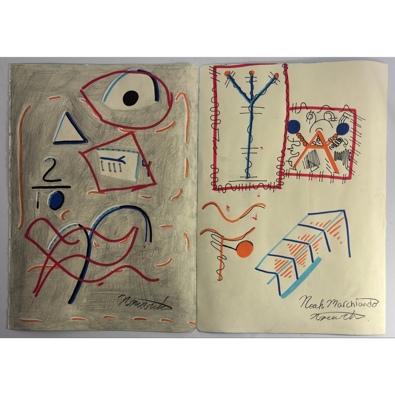Original Abstract Neo-Expressionist Art Set of 2 Oil Pastel Blue Geometric 8x11 gallery