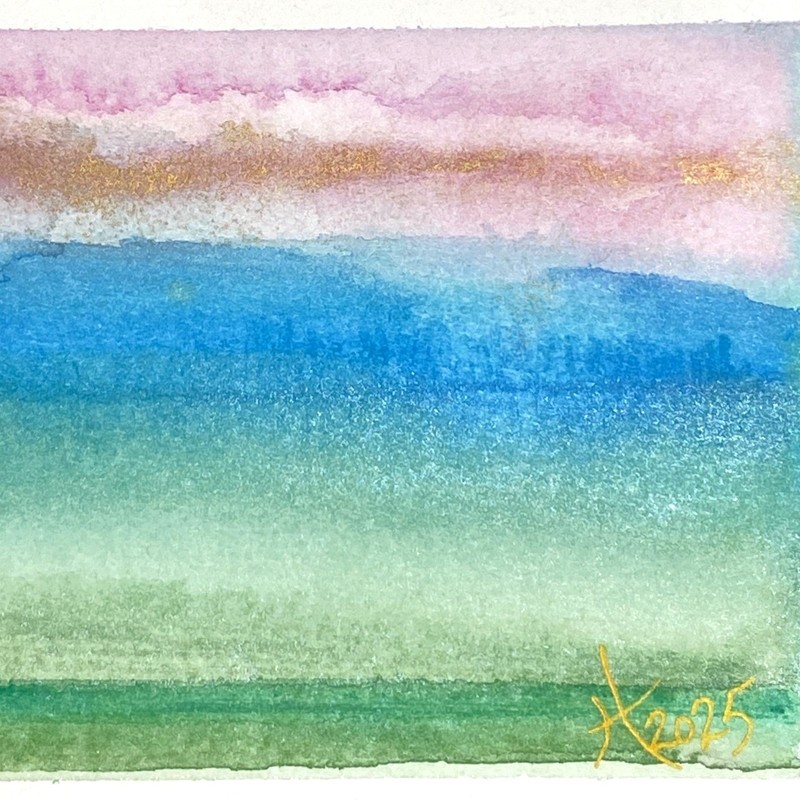 Golden Sunset Original Iridescent Watercolor Painting 4x5in Black Frame Desk Art