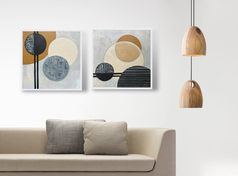 Orbiting Balance – Modern Geometric Abstract Art Set 12×12 | Textured Circle Art