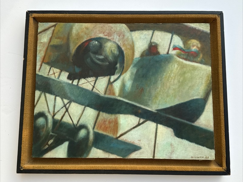 MID CENTURY AVIATION PAINTING AIRPLANE PLANE MODERNIST 1950’S SIGNED NOONAN OIL
