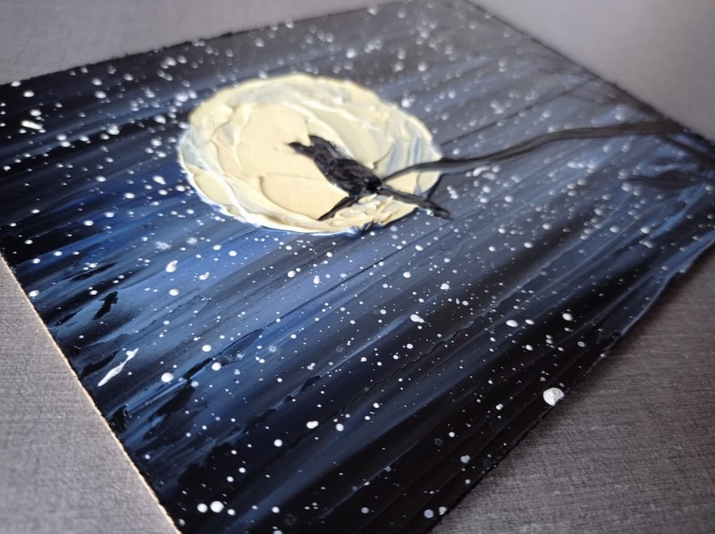 Original Art Moon Cat Tree Branch Night Oil Painting Landscape Dawn 5 x 7" gallery