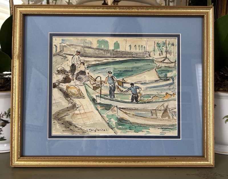 Vtg Framed Pen & Ink Watercolor Painting SANTA MARGHERITA Italy Fishermen Boats gallery