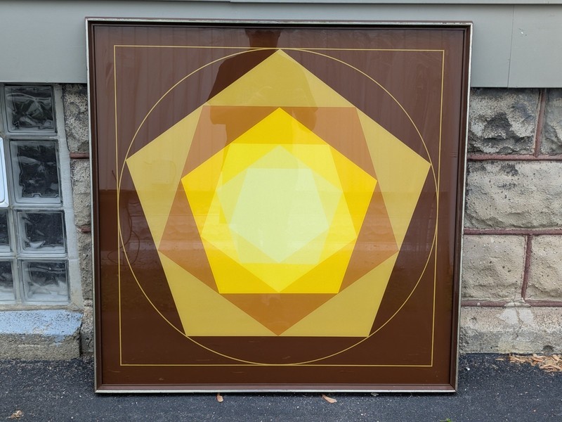 Geometric Painted Glass Op Art Hexagon MCM 37.25″x37.25″ #06557 Sears #5364 60s