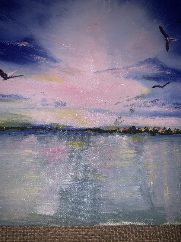 VTG Original Sunset Seascape Nautical Ocean Birds 10”Sq Canvas Unsigned gallery