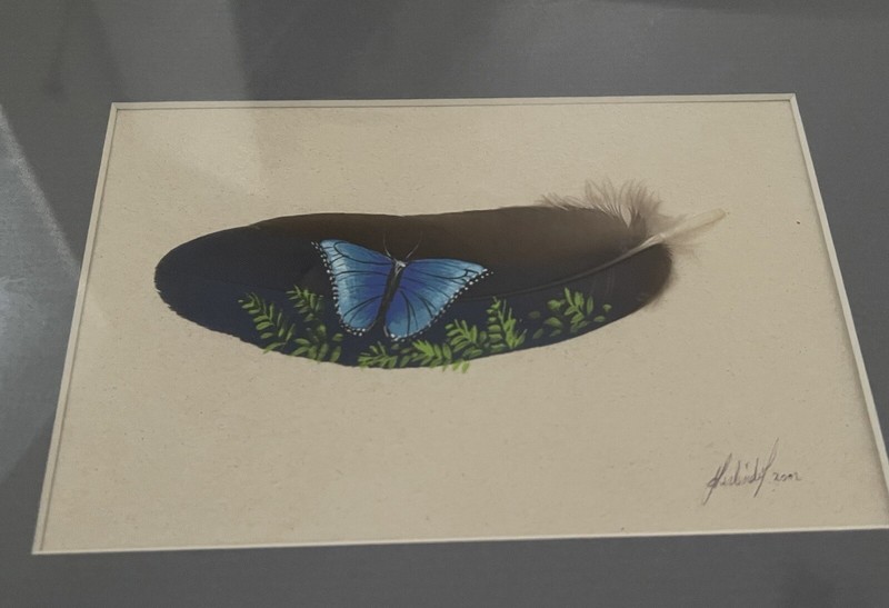 Matted and Signed Hand Painted Blue Butterfly with Leaves on Feather 2002 New! gallery