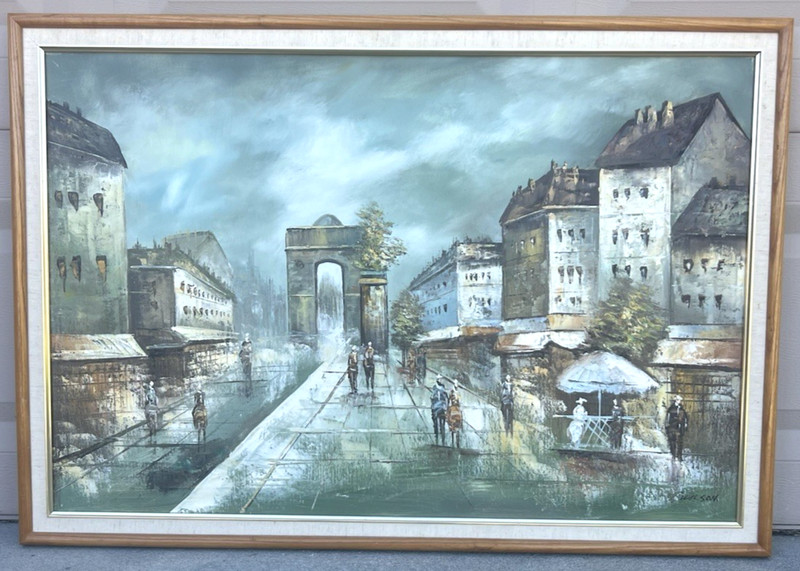 MCM Wilson Signed Parisian Street Scene Oil Painting Canvas Framed Paris 39×27″