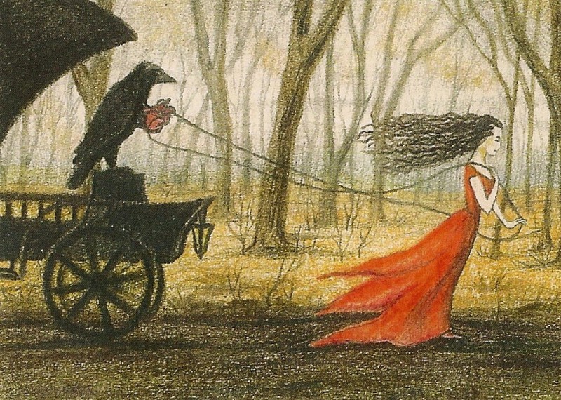 5×7 PRINT OF PAINTING CROW RYTA ART MAGIC FOLK HALLOWEEN WITCH pagan landscape